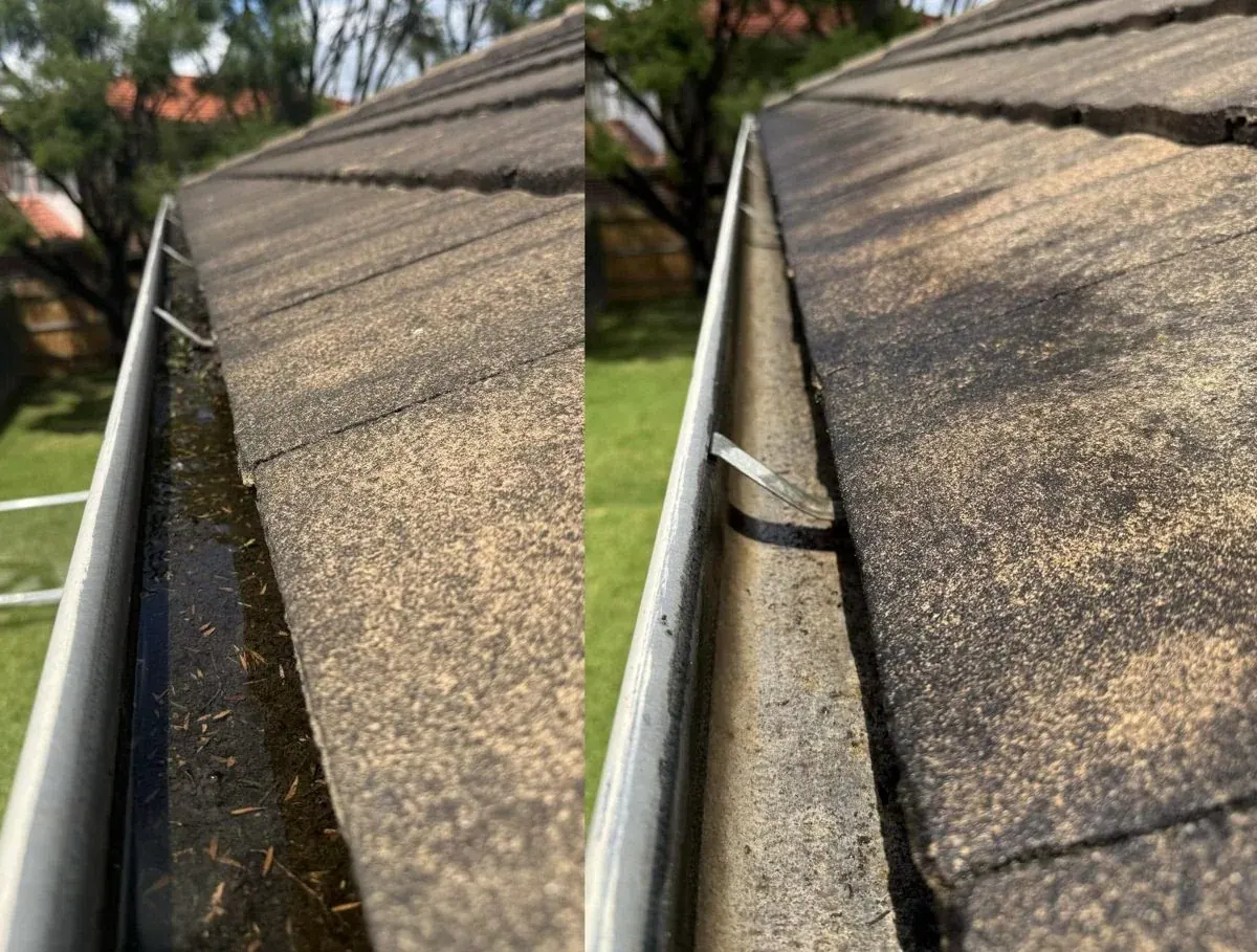 Side-by-side gutter views showing debris and a cleared gutter channel